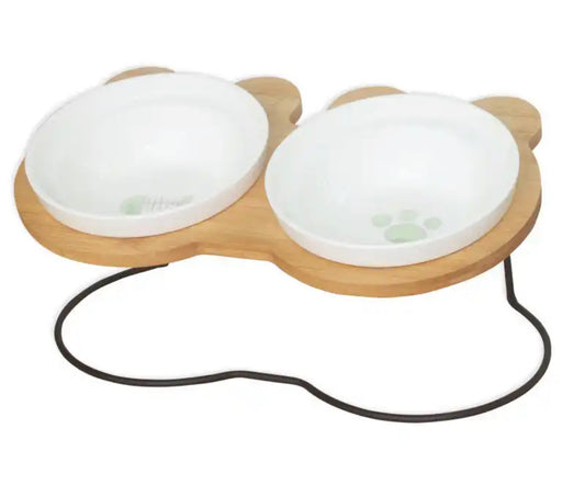 Pet Bamboo Frame Ceramic Feeding and Drinking Bowl - Green