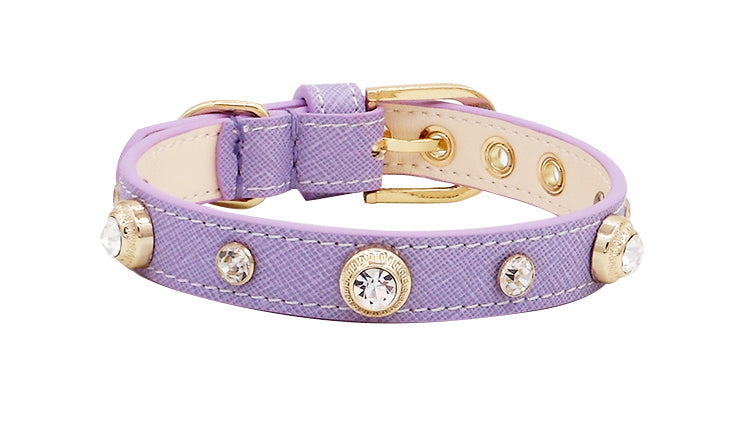 Genuine Leather Dog Collar with Crystals - Lavender