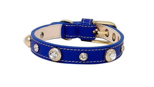 Genuine Leather Dog Collar with Crystals - Royal Blue