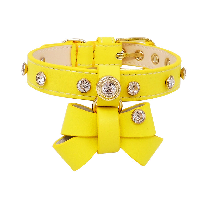 Rhinestone Genuine Leather Collar - Yellow