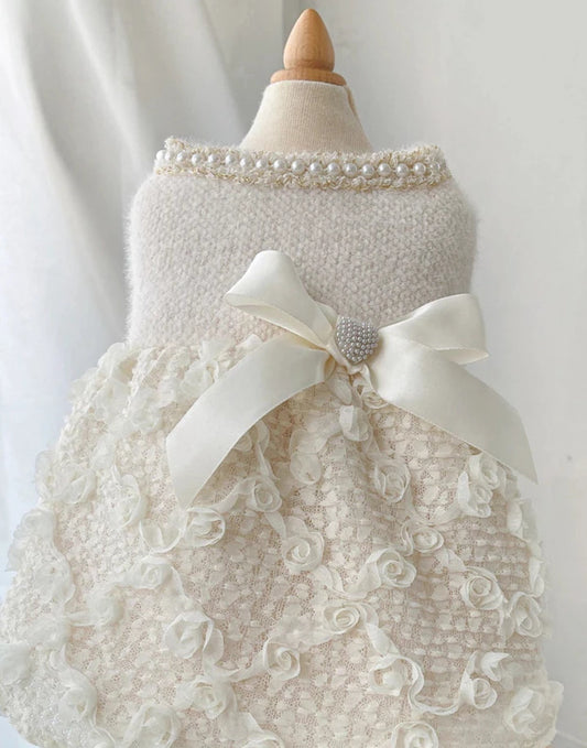Tweed Rosette Dress - White
