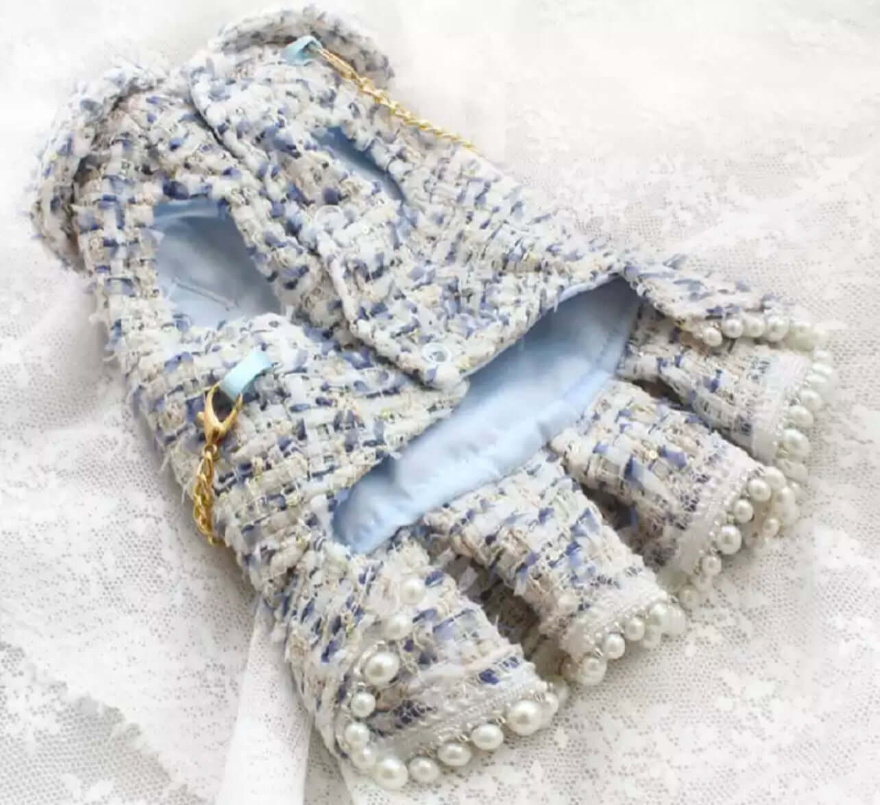 Luxury Blue Tweed Dress with Pearls