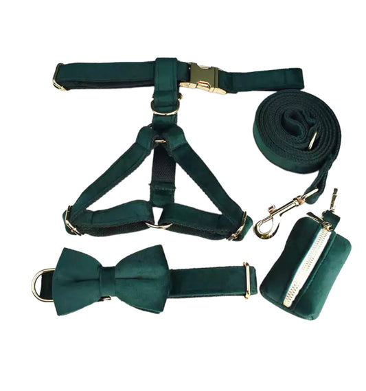 Faux Velvet Harness and Lead Set - Emerald Green