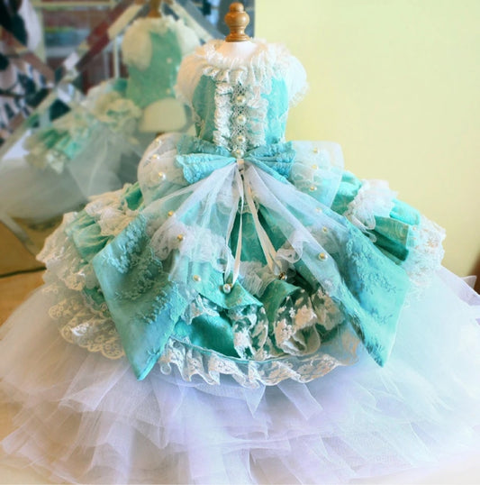 Trailing Pearl Lace Tulle Gown Dress - Mint