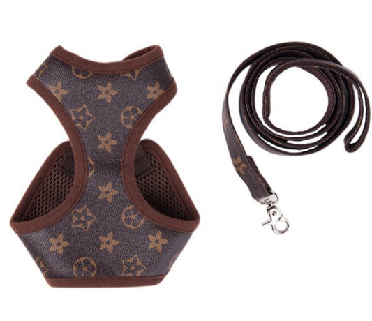 Faux Leather Harness and Lead Set - Brown Flower