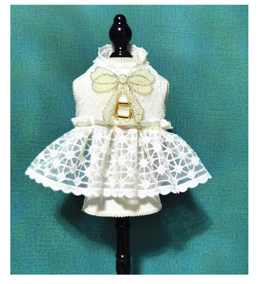 Pearl Bow Dress with D Ring - White