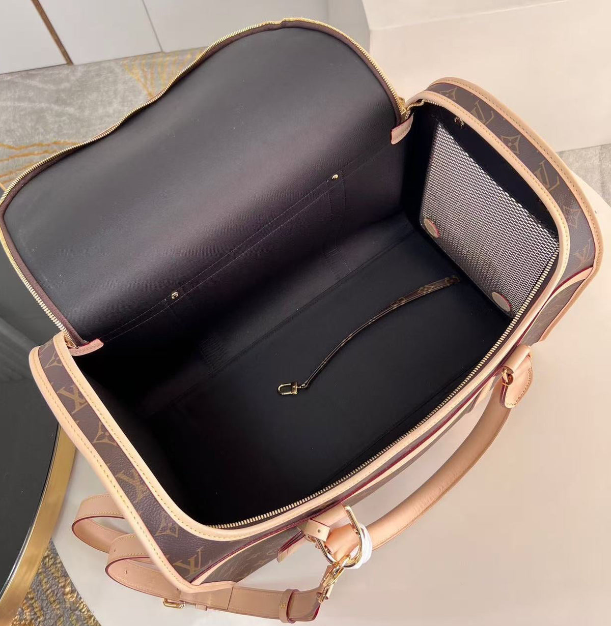 Genuine Leather Trim Designer Dog Carrier - Brown