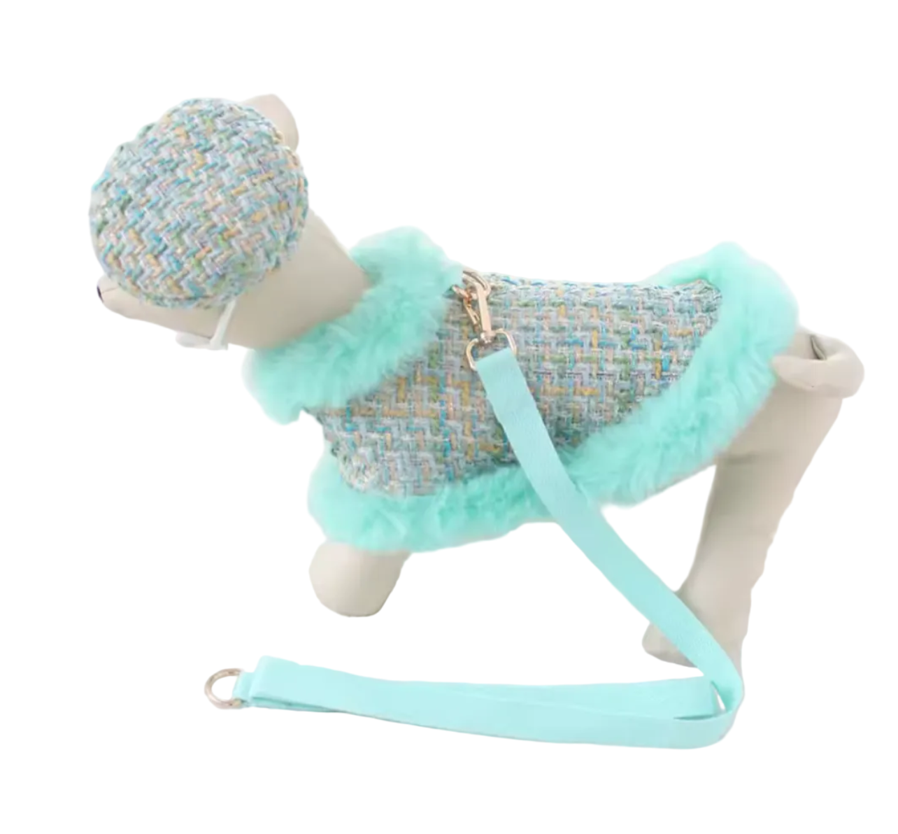 Tweed Style Dog Coat Cloak, Lead and Hat Set - Turquoise