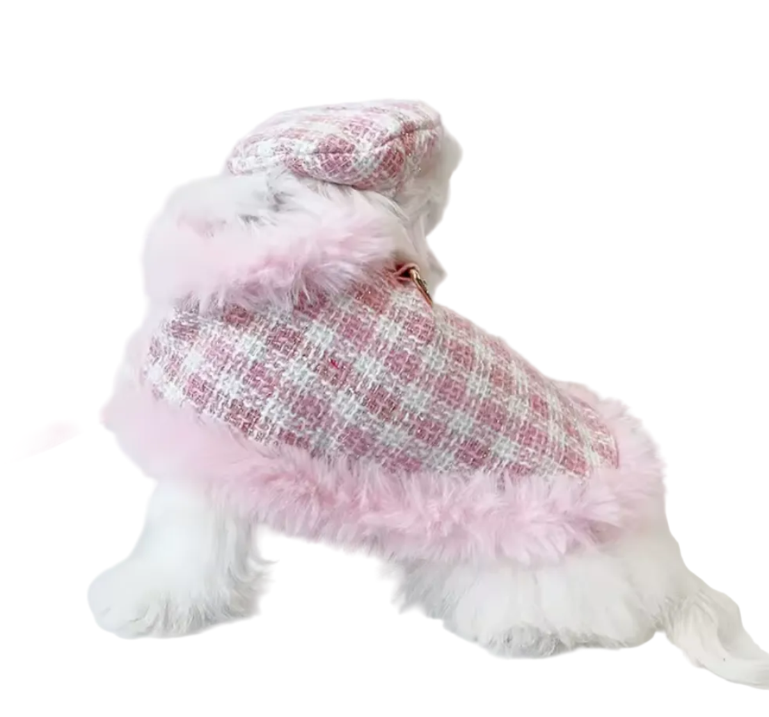 Tweed Style Dog Faux Fur Trim Cloak Coat, Lead and Set - Pink