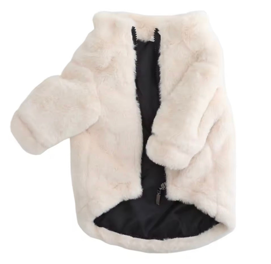 Faux Fur Dog Jacket with Zip Fastening - Oat Milk