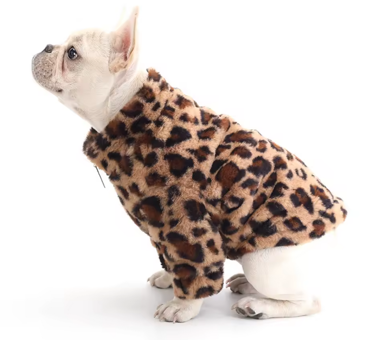 Faux Fur Leopard Print Dog Jacket with Zip Fastening