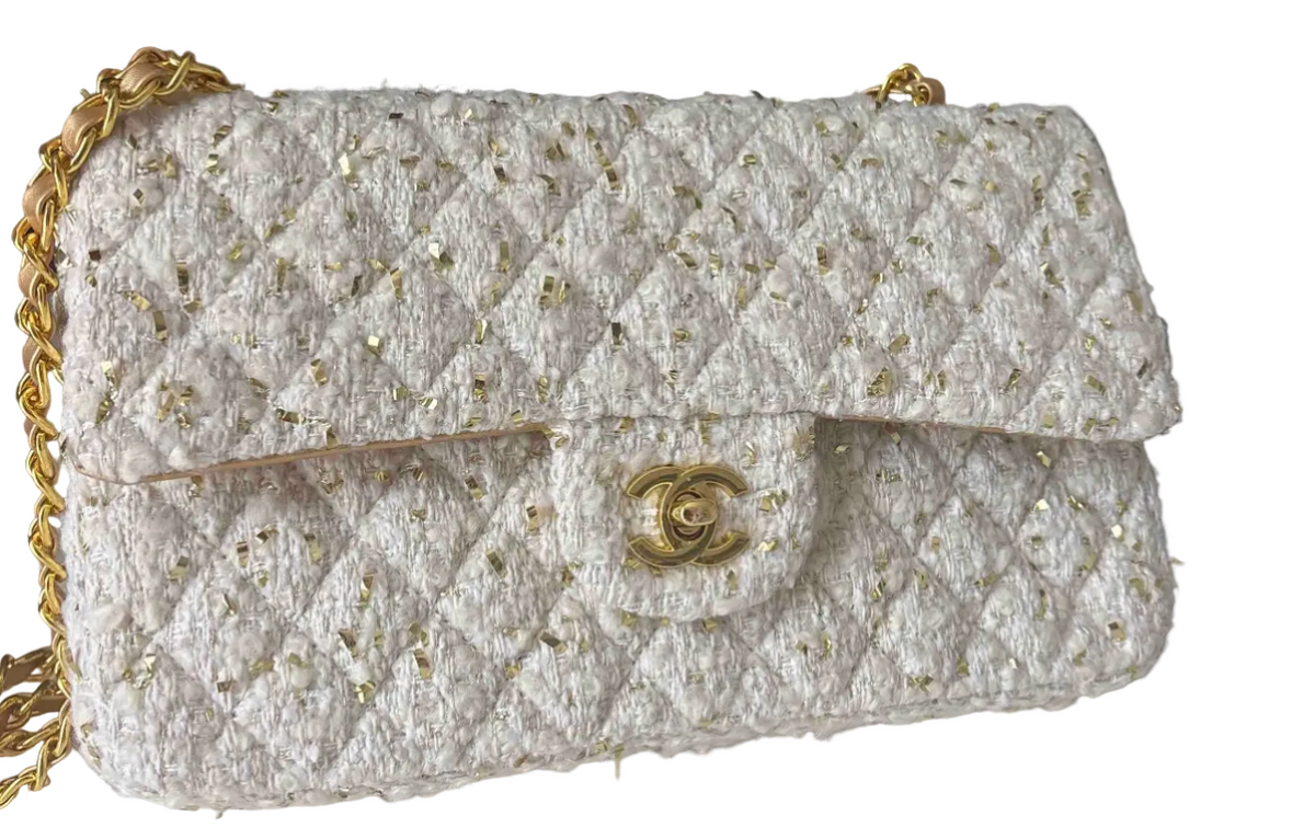 Crossbody Quilted Boucle Sparkle Chain Walking Bag - White/Gold