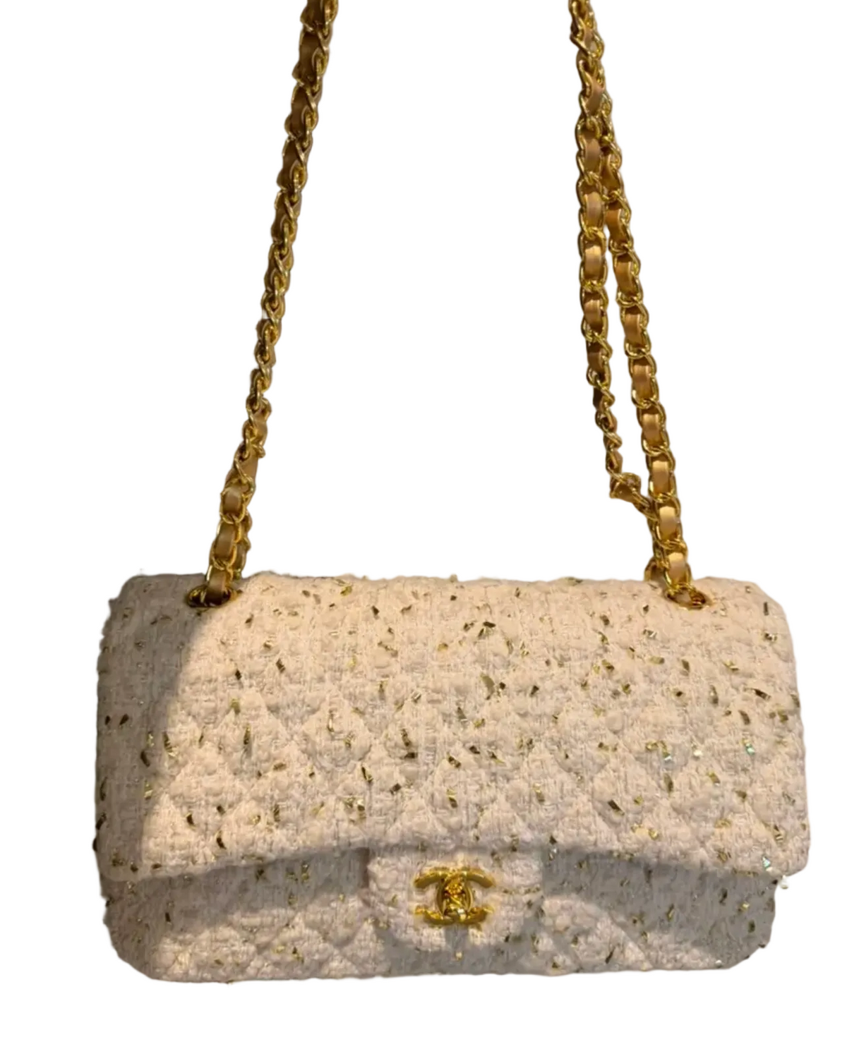 Crossbody Quilted Boucle Sparkle Chain Walking Bag - White/Gold