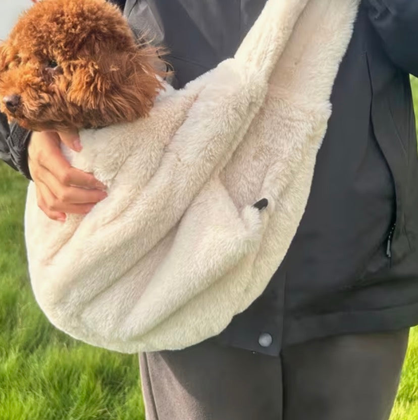 Faux Fur Lined Pet Dog Sling Carrier - Cream