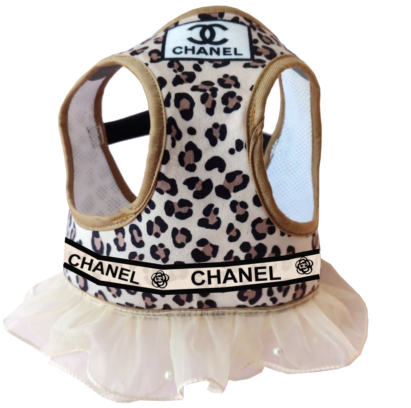 Luxury Designer Ruffle Edge Peplum Step-in Dog Harness - Leopard Print