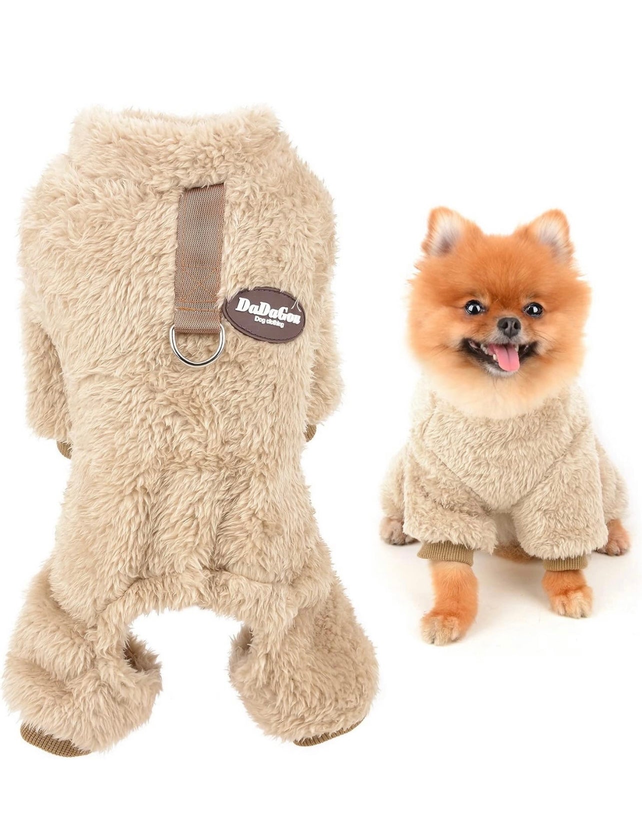 Teddy Fleece Dog Jumpsuit with D-Ring - Beige