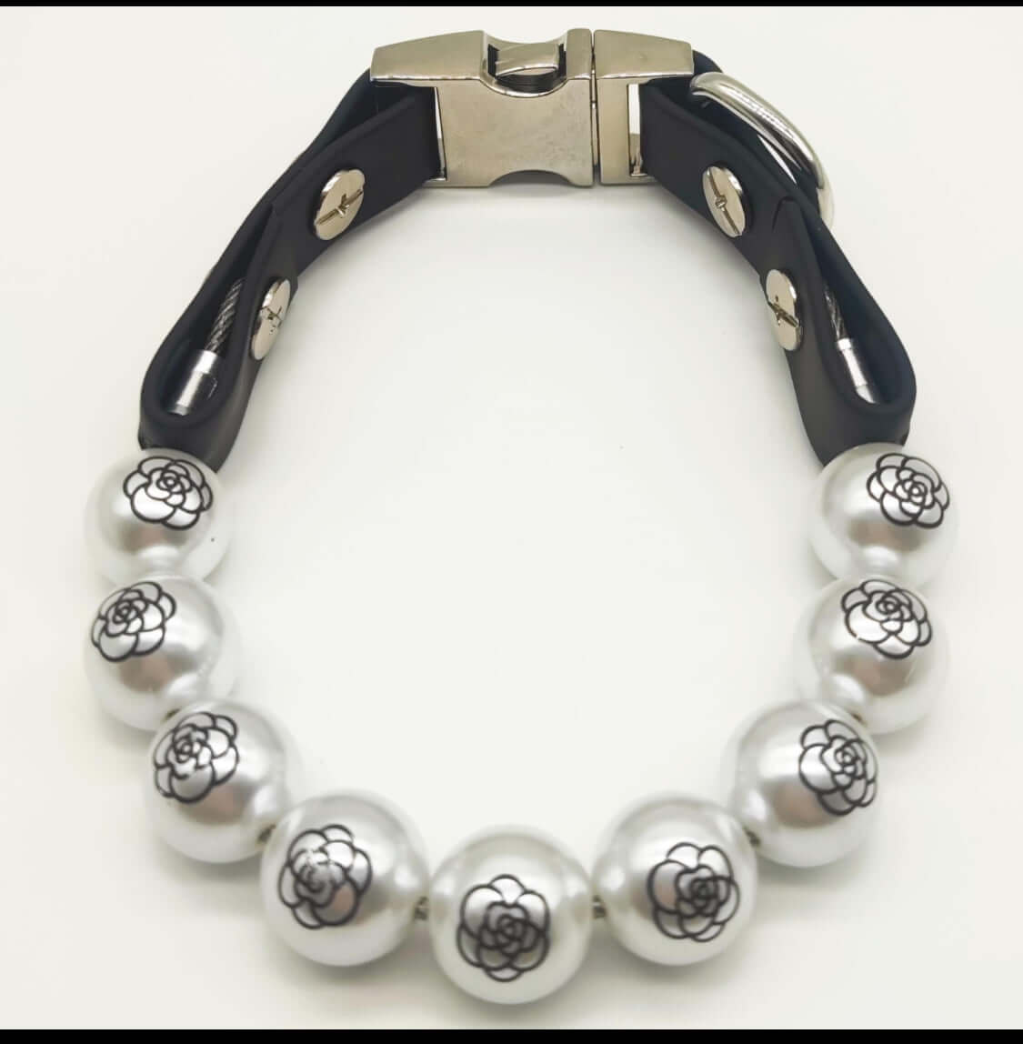 Designer beaded dog collar in white with camellia print, stylish and elegant for small to medium-sized dogs.