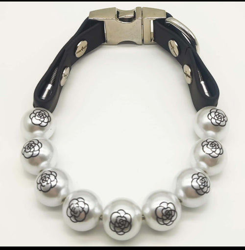Designer beaded dog collar in white with camellia print, stylish and elegant for small to medium-sized dogs.