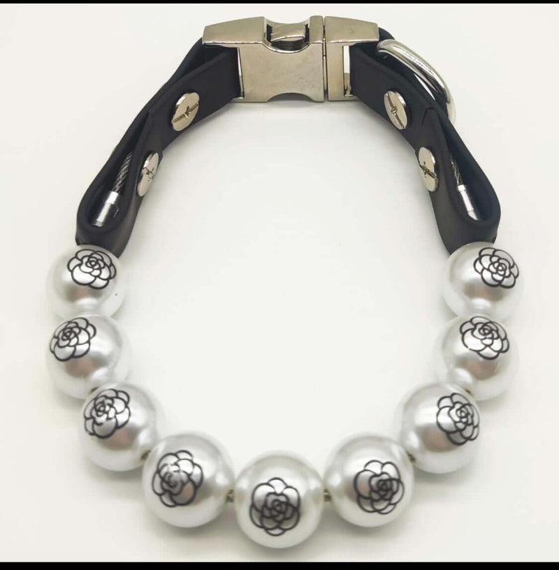 Designer beaded dog collar in white with camellia print, stylish and elegant for small to medium-sized dogs.