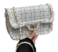 Boucle Tweed Chain Twist Lock Crossbody Bag - Gold/White