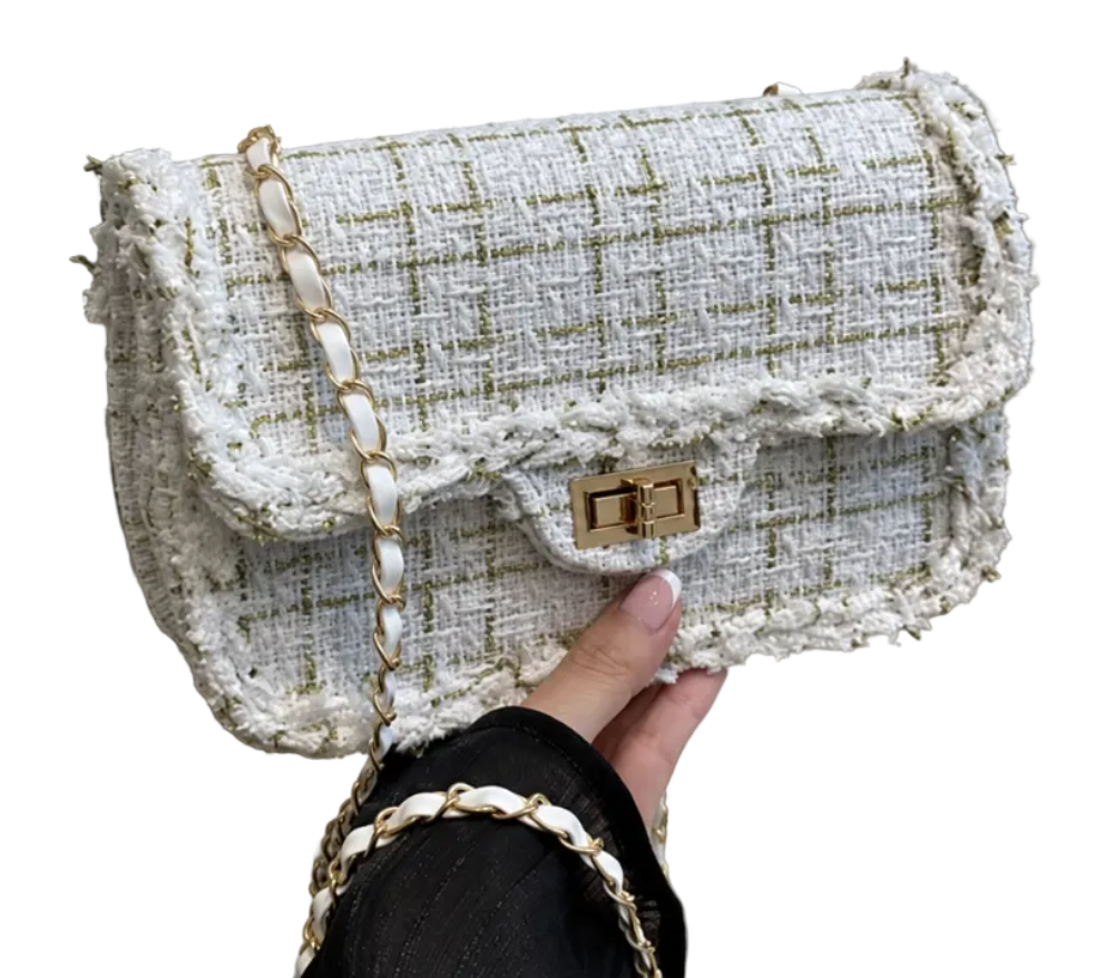 Boucle Tweed Chain Twist Lock Crossbody Bag - Gold/White