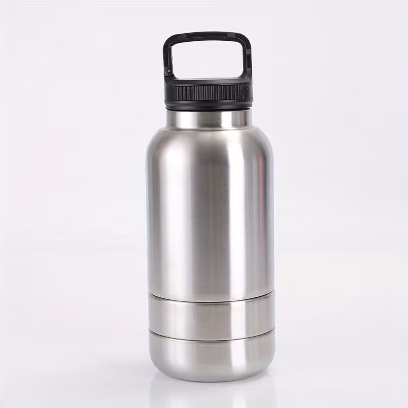 3-in-1 Metal Pet Water Bottle with Detachable Bowl - White/Silver