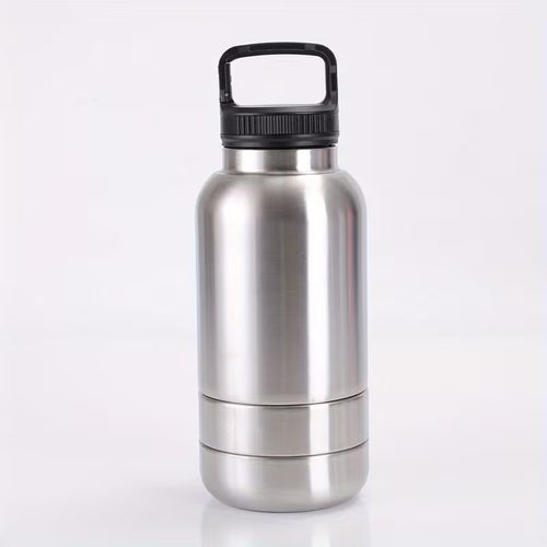3-in-1 Metal Pet Water Bottle with Detachable Bowl - White/Silver