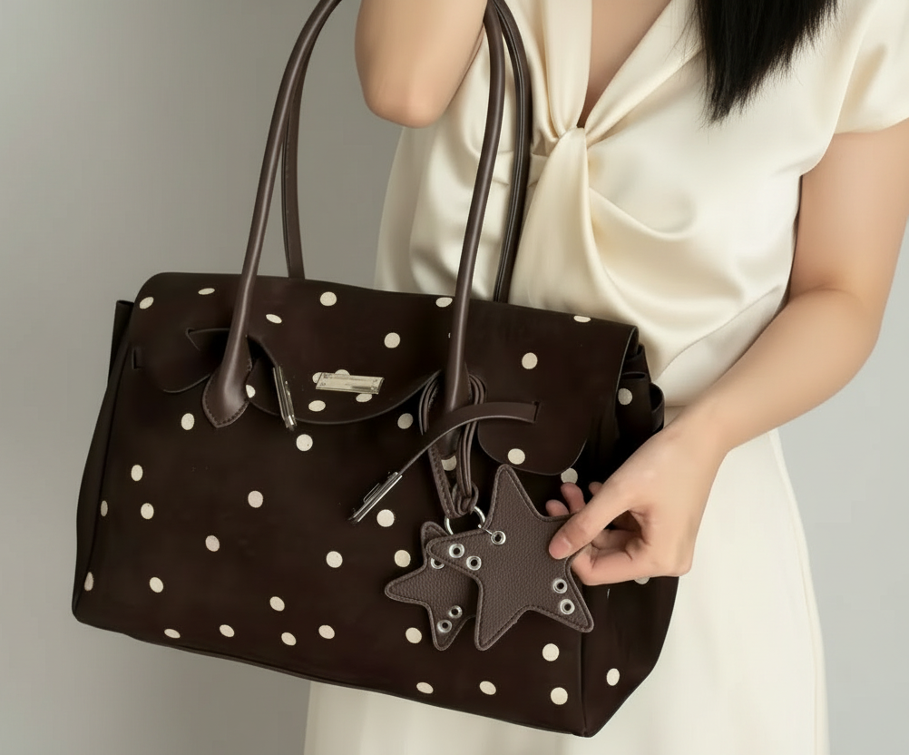 The Suede Firkin Tote Bag - Chocolate Polka Dot