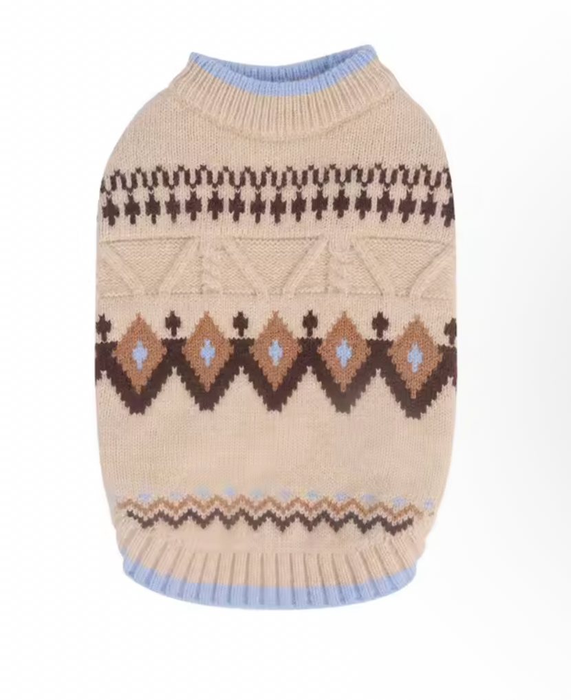 Fair Isle Dog Printed Jumper - Light Blue Edge Oatmeal