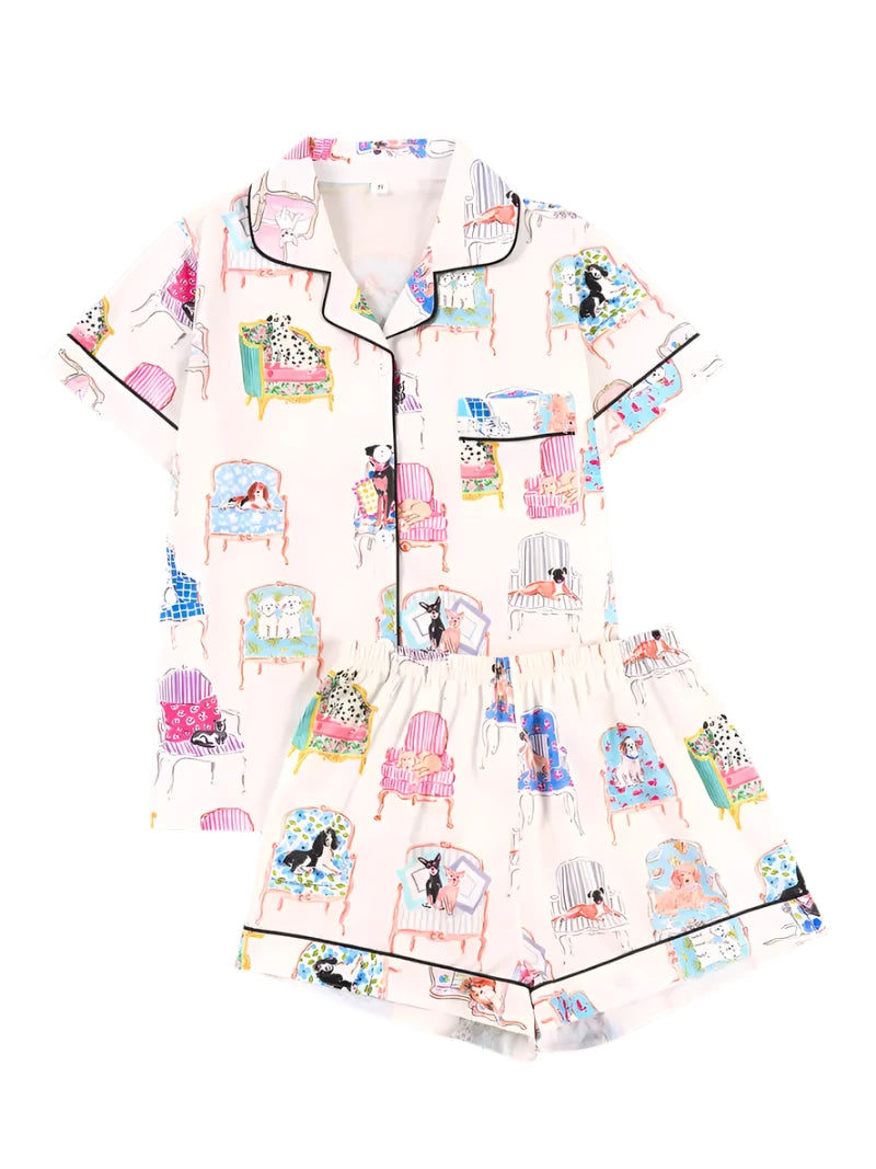 Ladies Dog Print Royal Pyjama Two-piece Set - White
