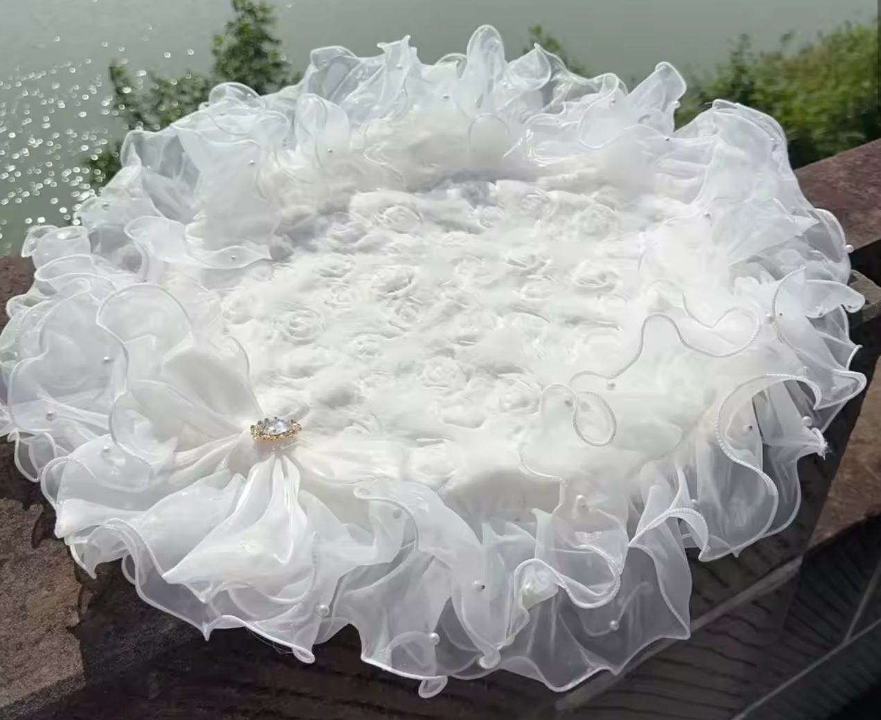 Rose Bud Floral Dog Wedding Seat Cushion - White