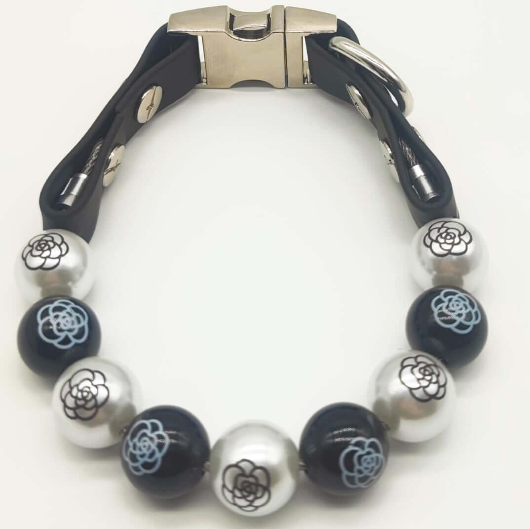 Designer Beaded Dog Collar - Black Camellia