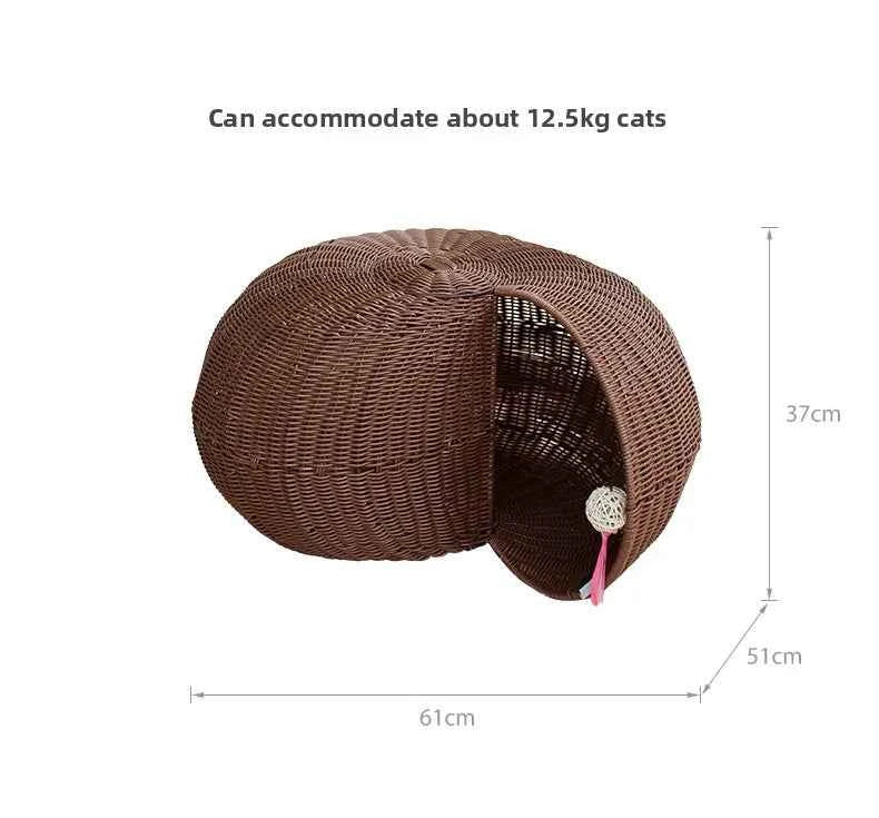 Semi-Enclosed Shell Shaped Cat Dog House Rattan Pet Bed