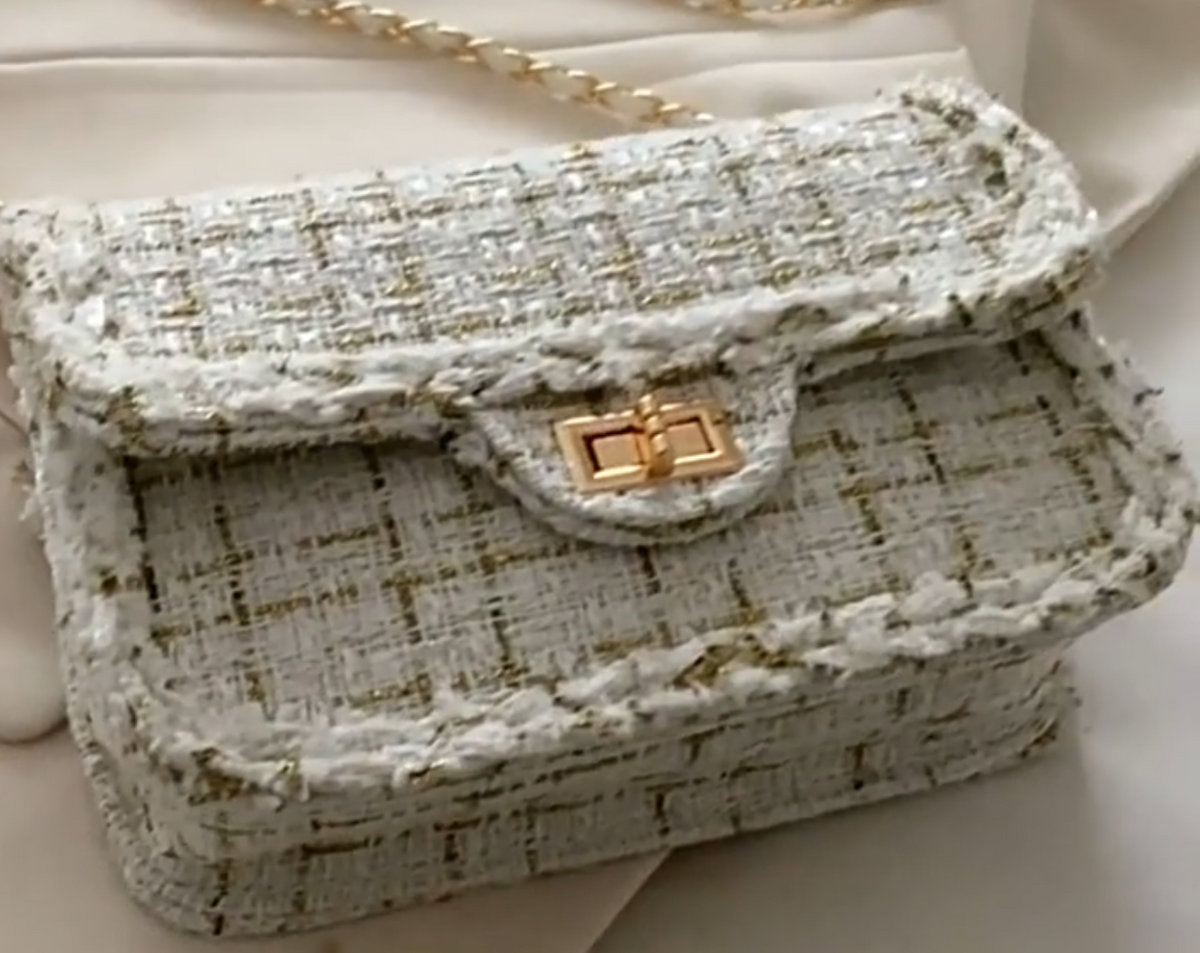 Boucle Tweed Chain Twist Lock Crossbody Bag - Gold/White
