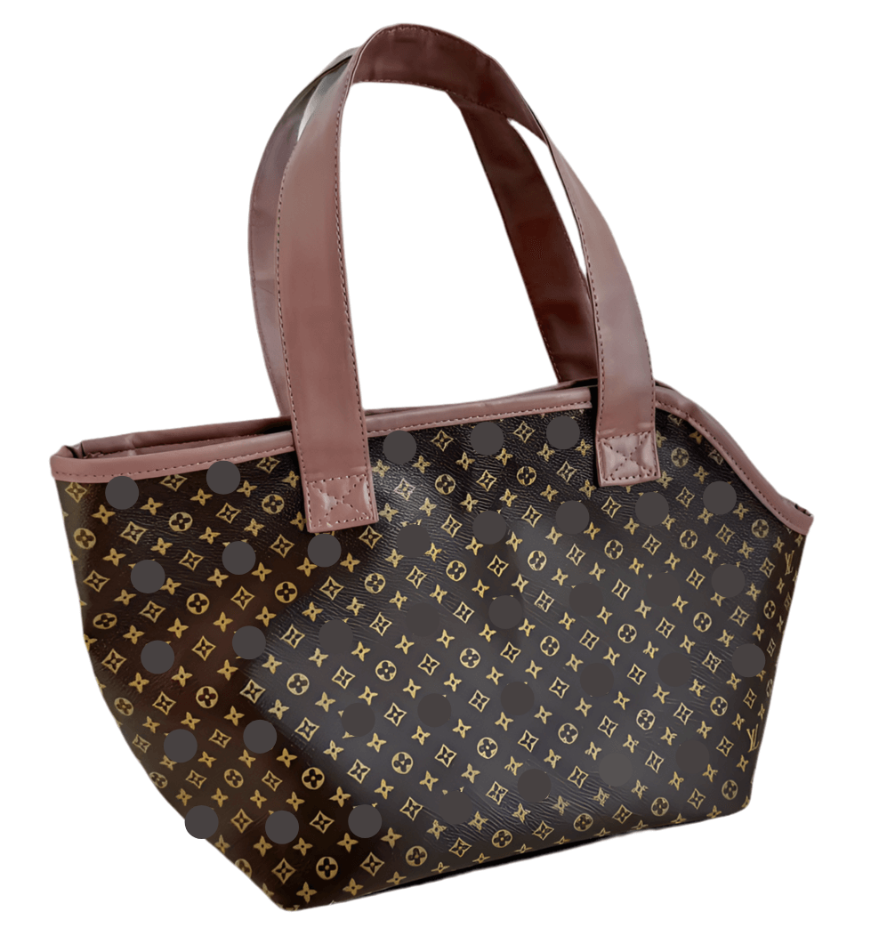 Designer tote pet dog carrier in brown with stylish pattern and durable construction, perfect for pet owners on the go.