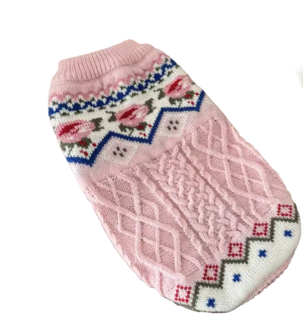 Vintage Rose Cable Knit Dog Jumper - Pink