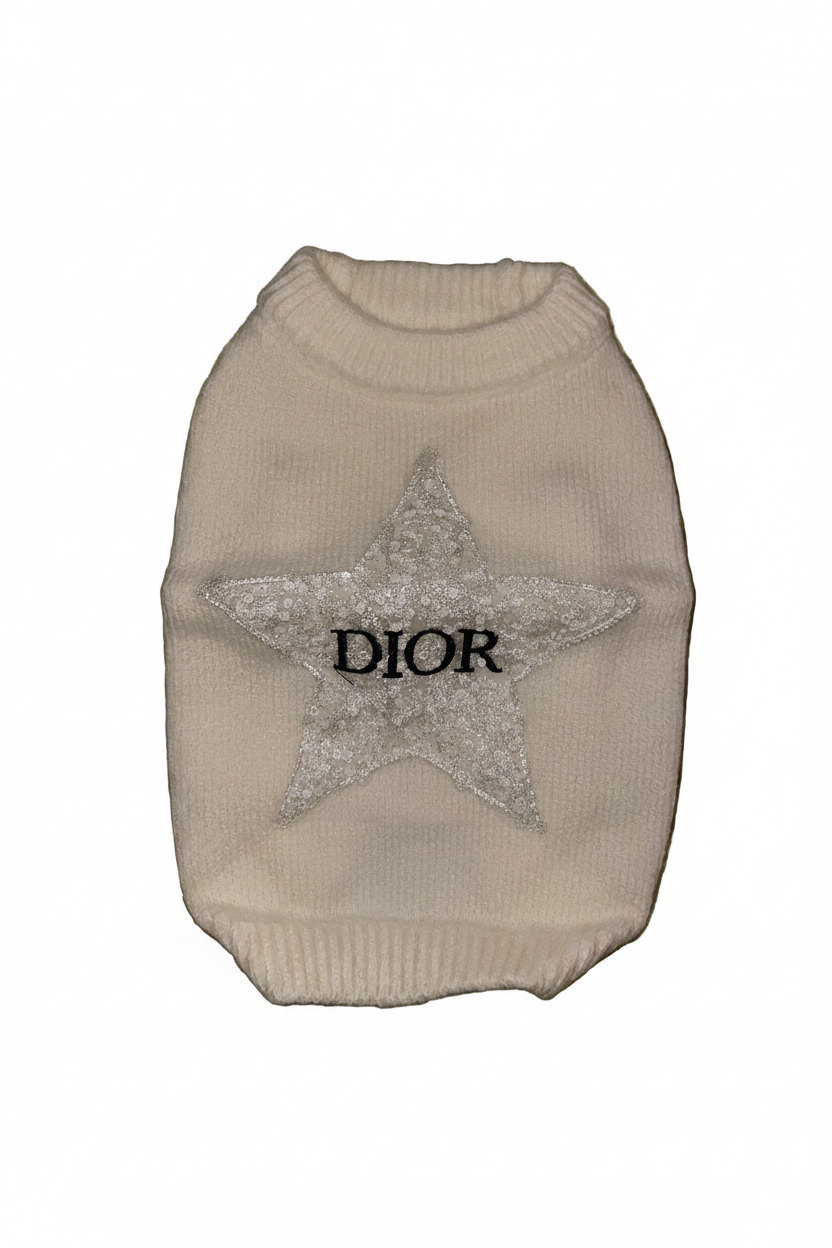Sparkle Star Sequin Dog Jumper - Cream/White