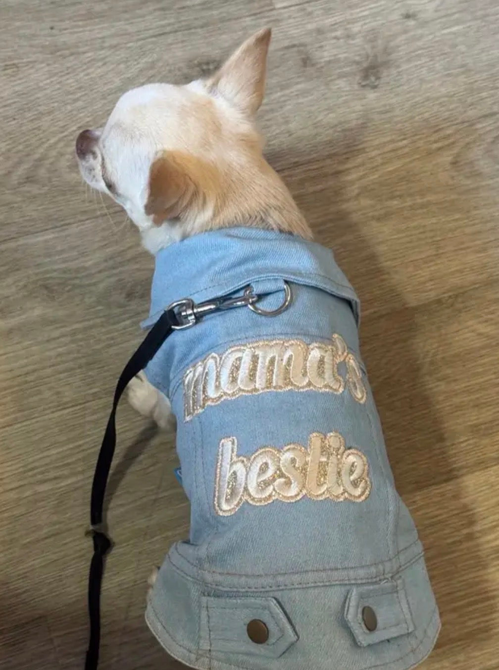 Embroidered Denim Dog “Mama’s Bestie” Jacket - Light Blue with Gold Metallic