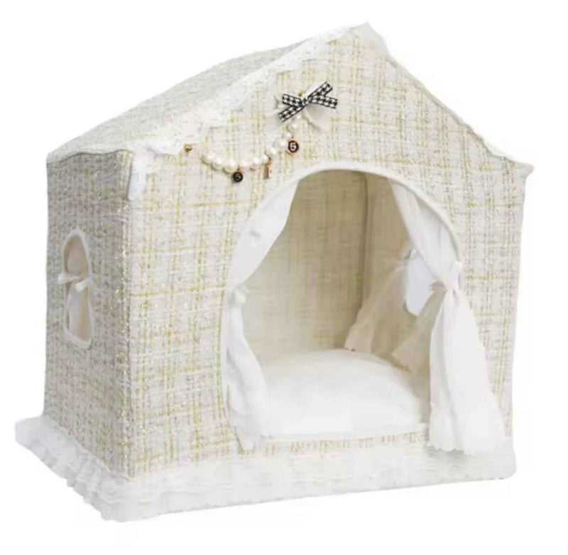 Tweed Boucle Princess Style Semi-Enclosed Dog Bed - White/Cream