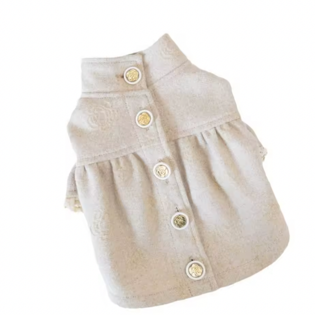Camellia Dog Ruffle Woollen Feel Jacket with Gold Buttons - Creme