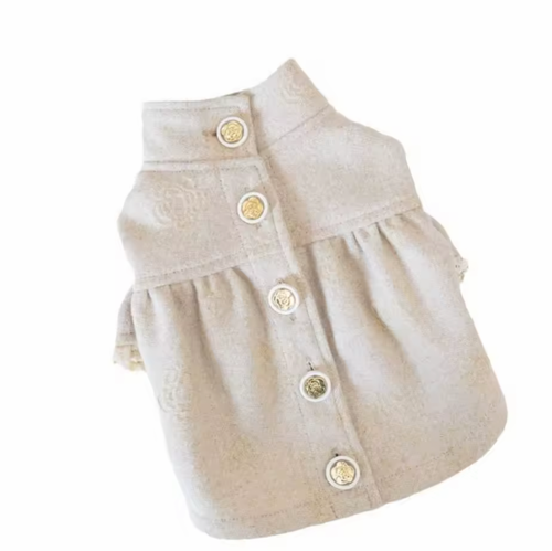 Camellia Dog Ruffle Flared Sleeve Woollen Feel Jacket with Gold Buttons - Creme Beige