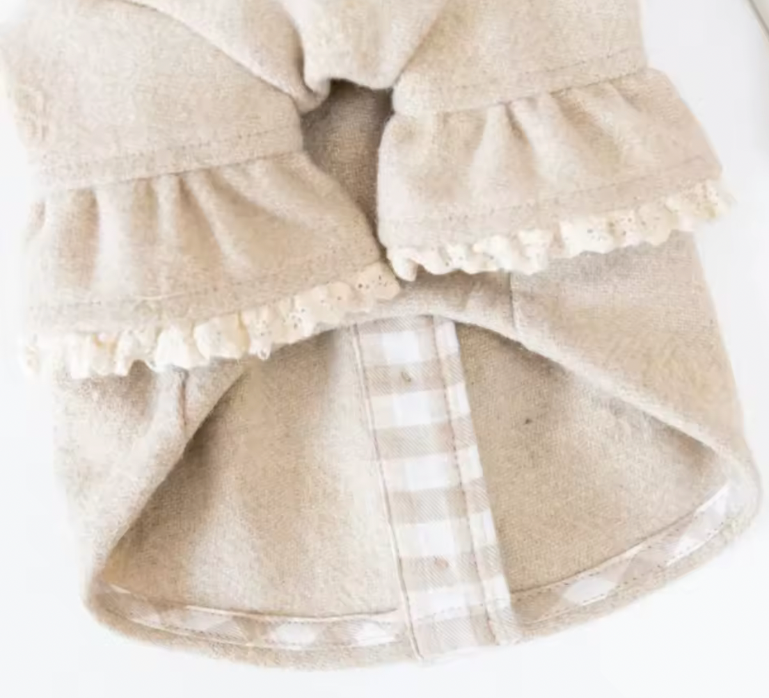 Camellia Dog Ruffle Woollen Feel Jacket with Gold Buttons - Creme