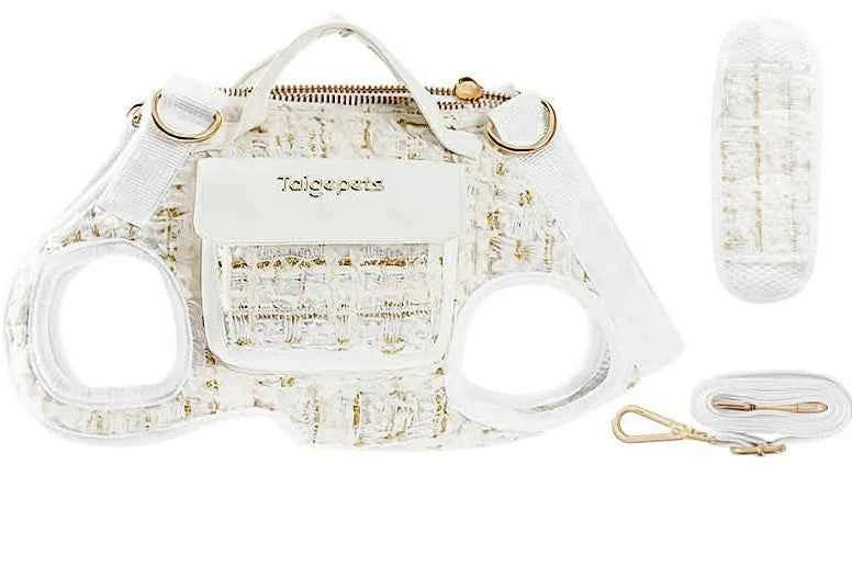 Tweed Style Hands Free Shoulder Pomeranian Dog Carrier with Gold Clasps - Cream Mix