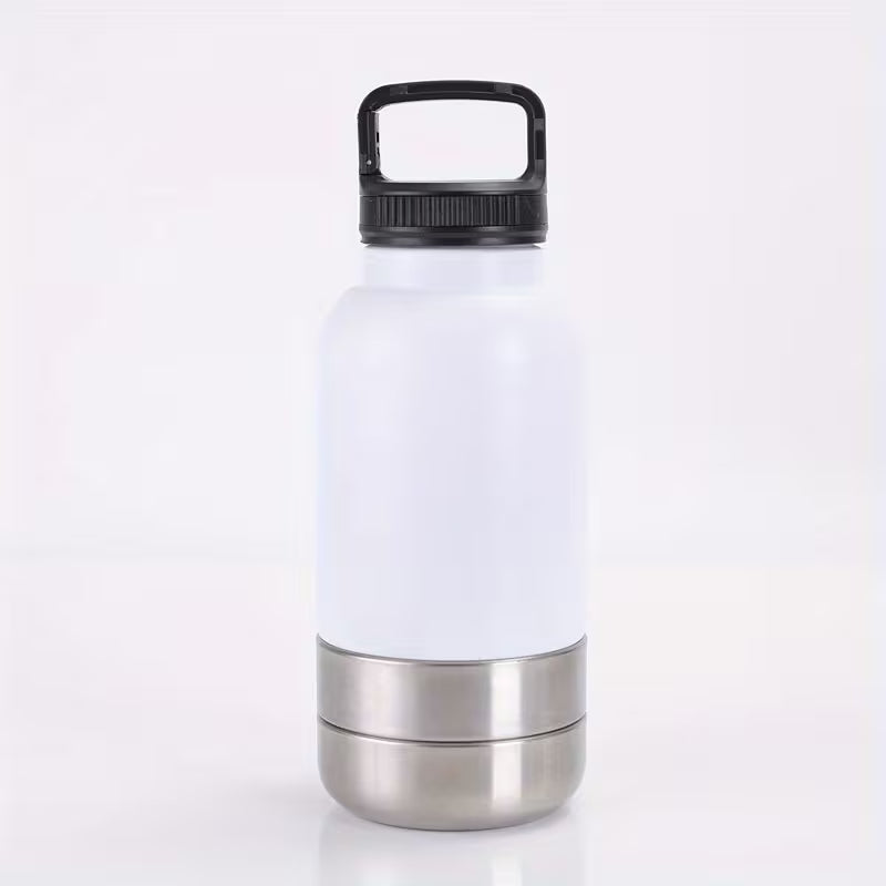 3-in-1 Metal Pet Water Bottle with Detachable Bowl - White/Silver