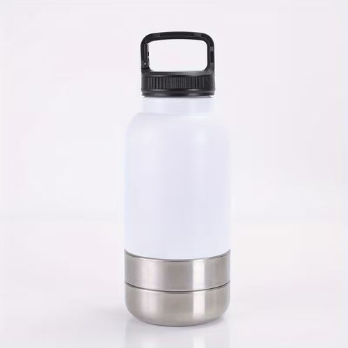 3-in-1 Metal Pet Water Bottle with Detachable Bowl - White/Silver