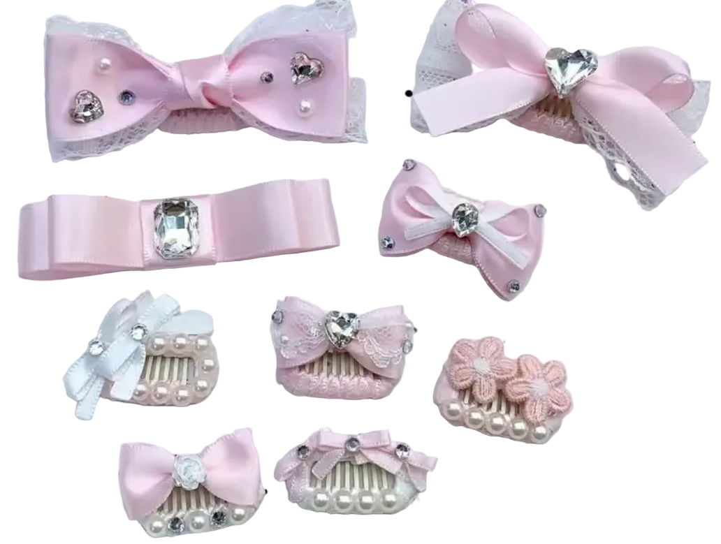Dog Rhinestone Gem Hair Bow Clip Set - Pink