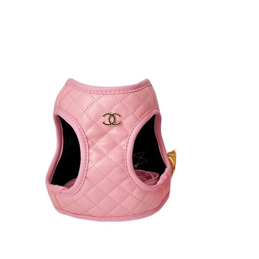 Faux Leather Quilted Dog Harness and Lead - Pink