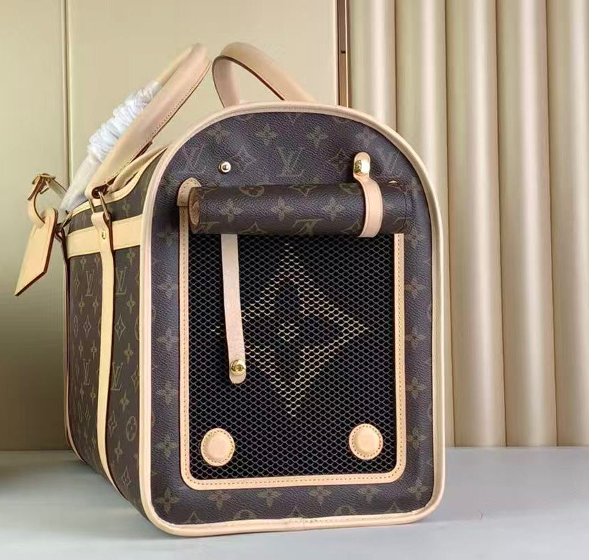 Genuine Leather Trim Designer Dog Carrier - Brown