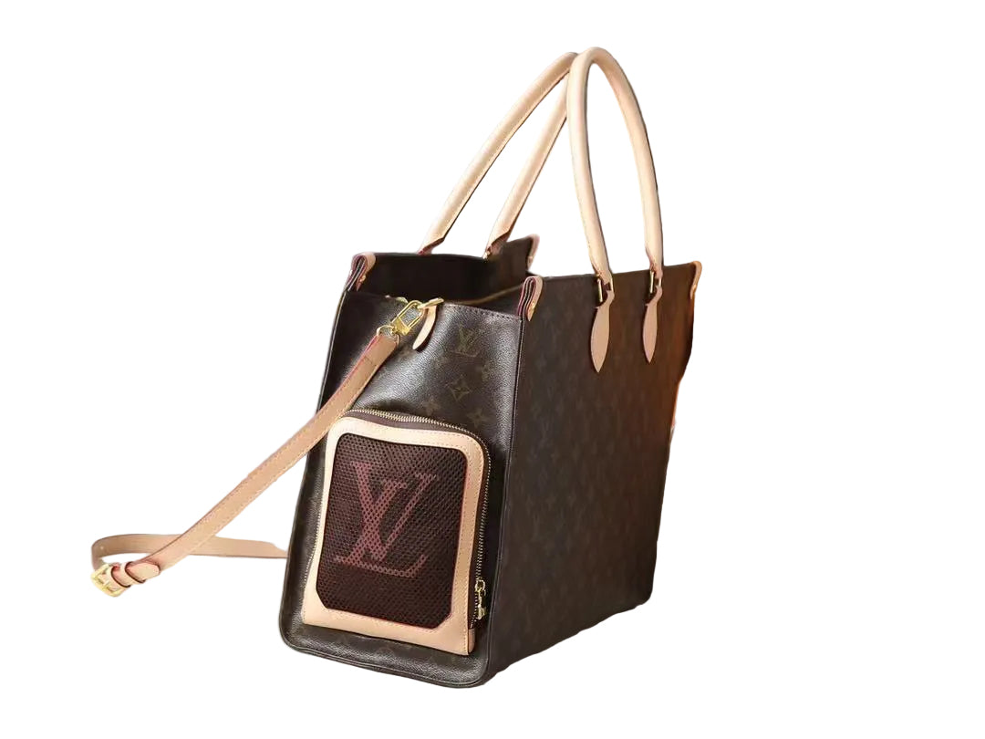 Old Flower Luxury Pet Dog Carrier Side Mesh Window Tote with Shoulder Strap - Brown