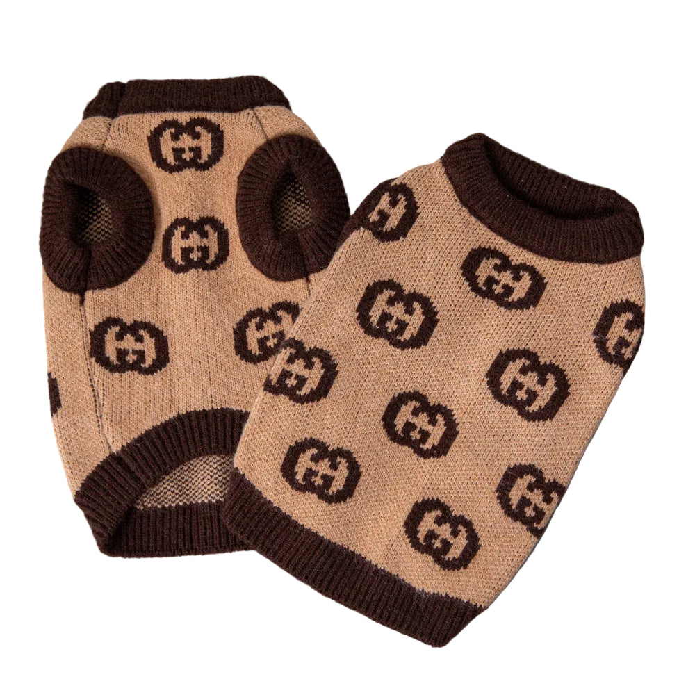 Designer Printed Dog Jumper - Tan/Brown